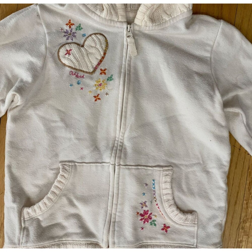 OshKosh B'gosh Girls 6X Full Zip Hooded Cotton White Sweater Jacket Floral Ivory - Picture 9 of 11